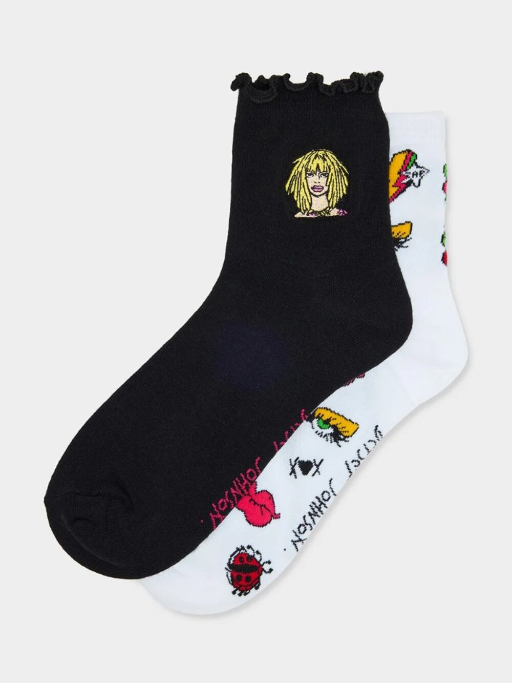 Betsey Johnson Kitsch 2-pack Embroidered Crew Sock Black and White Multi NWT